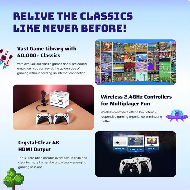 Dual Wireless Controller Retro Game Stick - 4K 40000+ Games